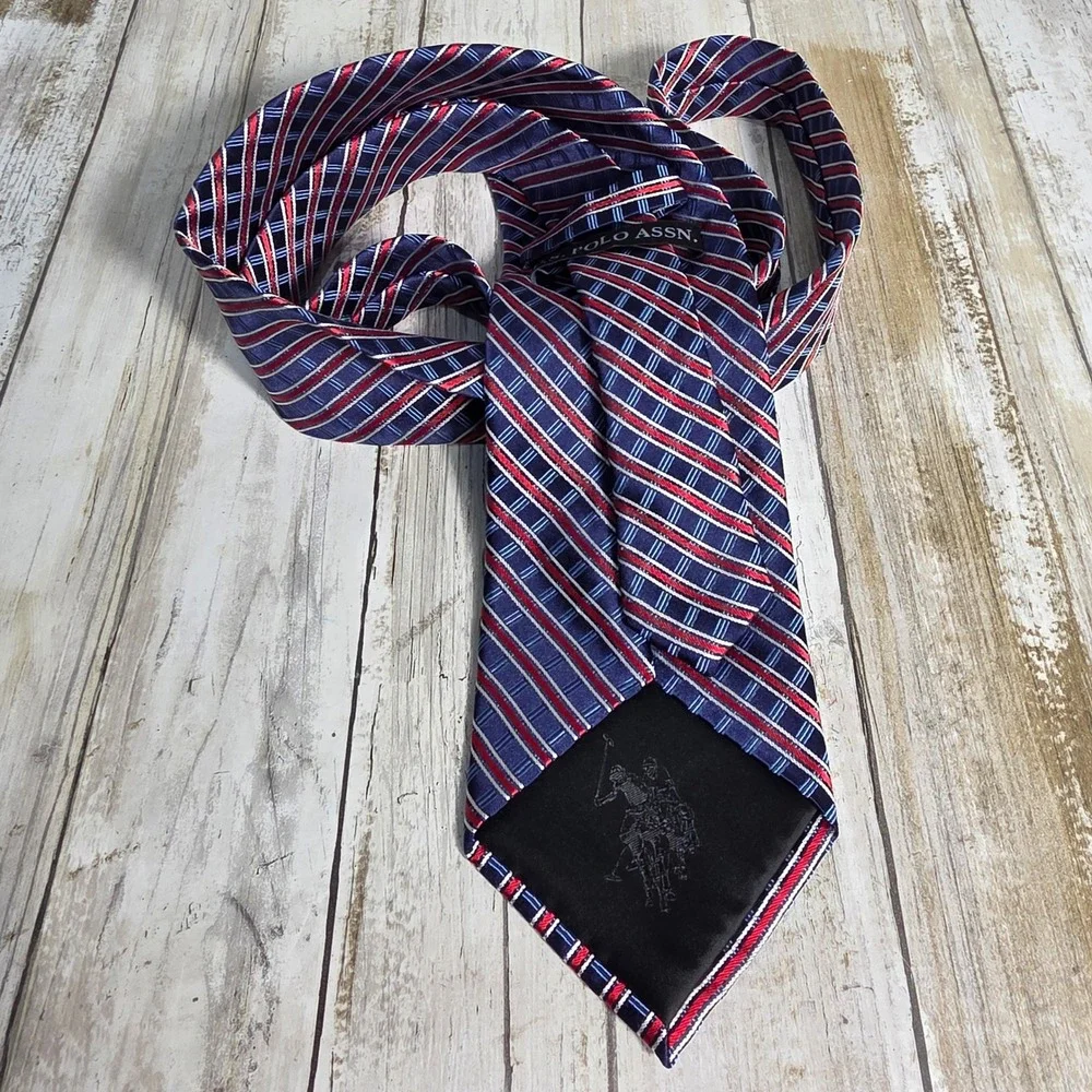 US Polo Assn Mens Silk Tie Navy Blue Red White Diagonal Striped Classic Necktie